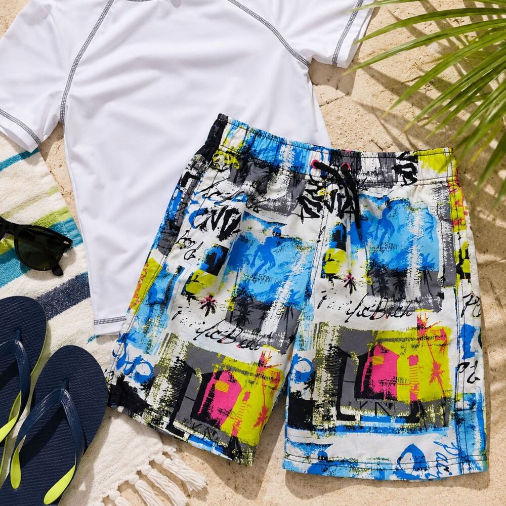 Cherokee Boys Swim Trunks 8/10 Blue Neon Graphic Board Shorts Surf Swim